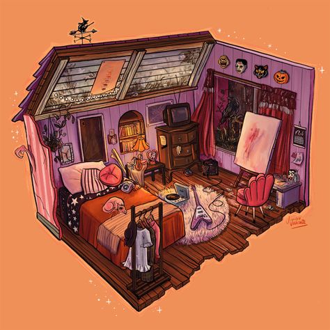 DREAM ROOM on Behance Witch Room Aesthetic Drawing, How To Draw A Room Design, Detailed Room Drawing, Fantasy Room Drawing, Isometric Rooms Illustration, Isometric Witch Room, Lofi Aesthetic Room Drawing, Lofi Aesthetic Room Ideas, Tiny Room Drawing