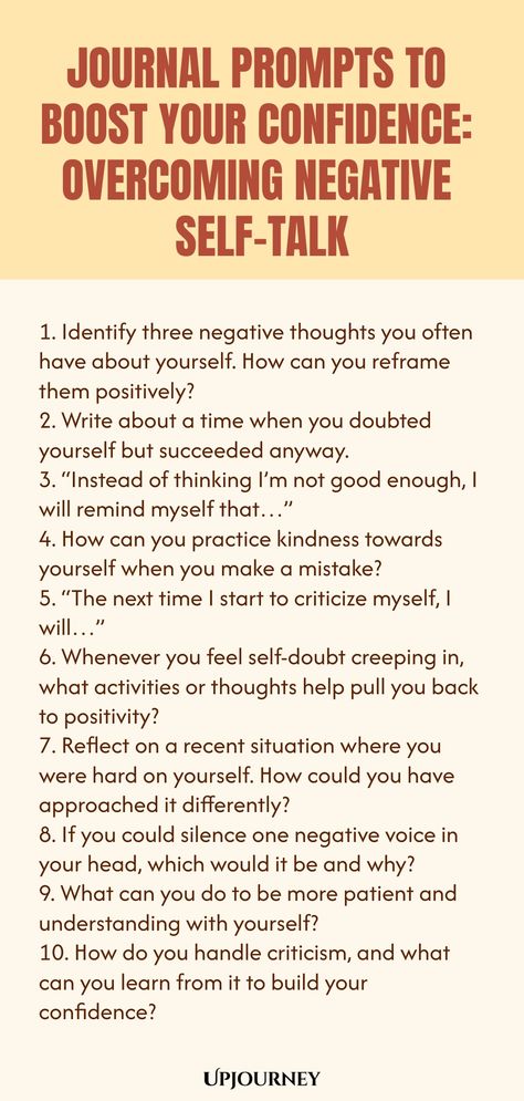 Discover powerful journal prompts that will help you boost your confidence and overcome negative self-talk. Start your journey towards self-love and empowerment with these thought-provoking prompts. Say goodbye to doubt and hello to a more positive mindset. Journal your way to a more confident you! Self Confidence Prompts, Negative Self Talk Worksheet, Back To School Journal Prompts, Journal Prompts For Negative Self Talk, Journal Prompts For Overthinking, Confidence Journal Prompts, Fun Journal Prompts, 100 Journal Prompts, Journaling Goals