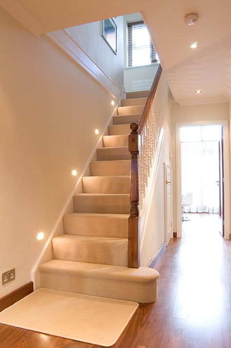 Spotlights on stairs! Spotlights On Stairs, Stair Spotlights, Staircase Spotlights, Hallway Spotlights, Unusual Stairs, Salon Lighting Ideas, Apartment Stairs, Recessed Lighting Living Room, Hallway Lights