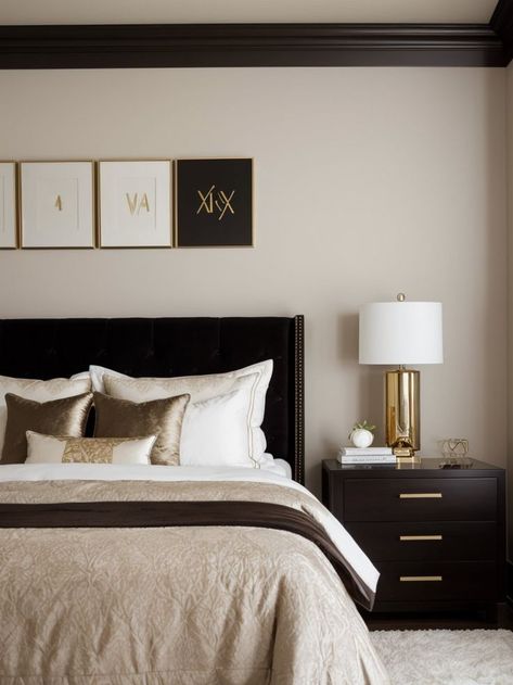 Bedrooms With White Walls, Dark Brown Accent Wall, Brown Beds, Black And Cream Bedroom, Brown Accent Wall, Cream Bedrooms, White Wall Bedroom, Accent Wall Ideas, Brown Rooms