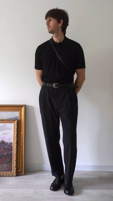 Aesthetic Trousers Outfit Men, Men Tailored Pants Outfit, Men’s Black Slacks Outfit, Black Smart Casual Outfit Men, Black Dress Pants Men Outfits, Men’s Black Trousers Outfit, Men’s Slacks Outfit, All Black Linen Outfit Men, Monochrome Mens Fashion