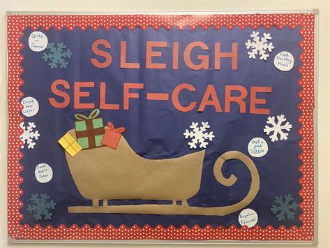 Sleigh with self care RA board. Self-care. Selfcare. presents. christmas #residents #studentlife #bulletinboard #RA christmas reindeer presents Holiday winter Reindeer Presents, Nurse Bulletin Board, Work Office Ideas, Ra Bulletins, Ra Boards, Ra Bulletin Boards, Ra Ideas, Presents Christmas, Christmas School