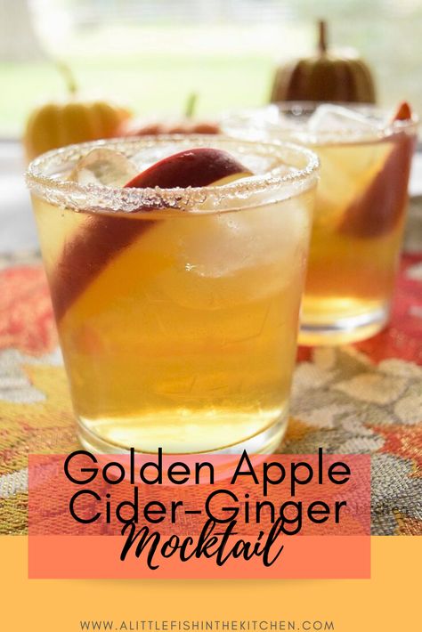 This alcohol-free,  sparkling beverage has a gorgeous golden color and so much flavor that you'll never miss the booze! #mocktail #mocktailrecipe #applecider #gingerale #gingerbeer #fall #fallflavors #cocktails #entertaining #dkrinks #cocktailhour Golden Apple Punch, Gingerale Punch Non Alcoholic, Mocktails Gingerale, Gingerale Mocktail Recipes, Ginger Ale Mocktail Recipe, Gingerbeer Mocktail, Gingerale Punch, Mocktails For Fall, Fall Mocktail Non Alcoholic