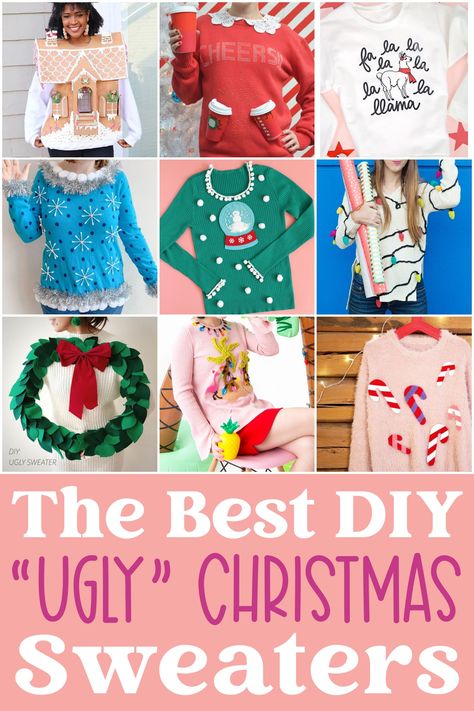 40+ DIY Ugly Christmas Sweater ideas that will be the hit of your Christmas party! From cute "ugly" to the truly hideous, there's an ugly sweater on this list for every taste and style! 🎅 Funny Xmas Sweaters Diy, Ugliest Sweater Ideas, Quick Diy Ugly Christmas Sweater, Interactive Ugly Christmas Sweater, Ugly Christmas Sweater Ideas For Work, Ugly Shirts For Christmas, Diy Ugly Christmas Sweater Cricut, Home Made Ugly Sweater, Easy Ugly Christmas Sweater Diy Kids