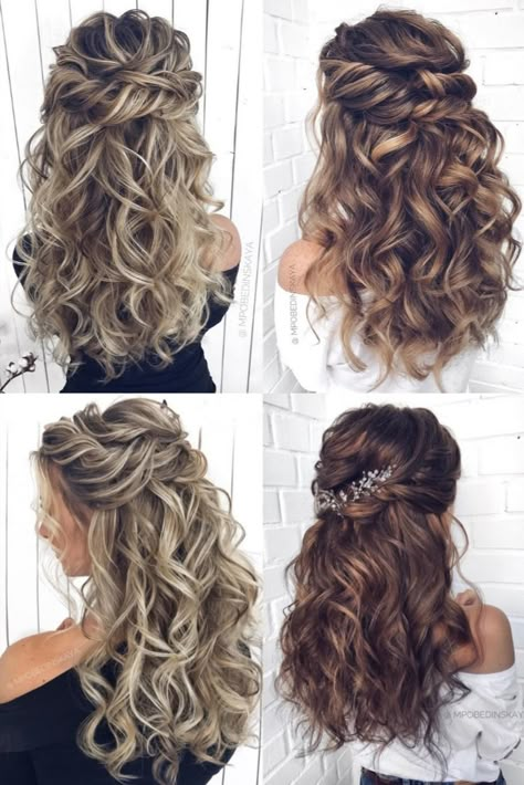 Long half up half down wedding hairstyles and wedding updos from mpobedinskaya Half Up Wedding Hairstyles With Hair Piece, Half Up Do Front View, Long Bridal Hair With Veil Loose Waves, Curl Bridal Hairstyles, Bridal Hair Down And Curled, Wedding Half Up Hair With Veil, Hollywood Curls Half Up, Mom Hair Wedding, Curly Bridesmaid Hairstyles Half Up