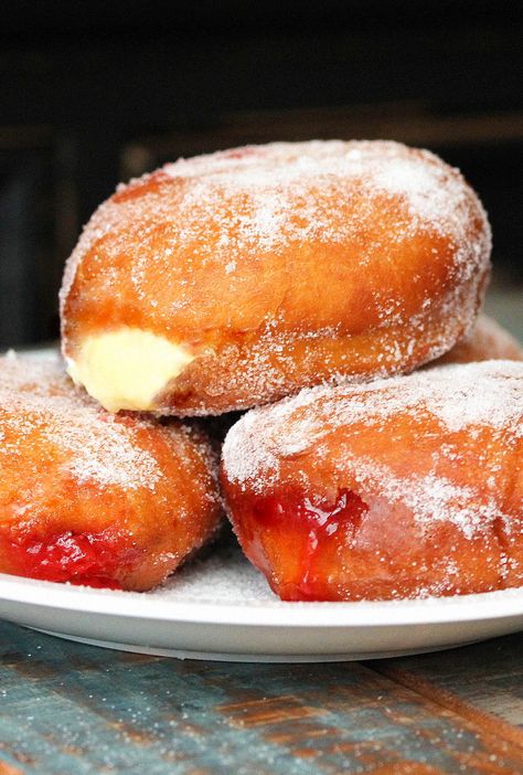 These Jelly and Custard Doughnuts are hands-down the best tasting doughnuts you'll ever try. They take a little TLC but it's so worth it1 Custard Doughnut, Doughnuts Recipe, Jelly Doughnuts, Homemade Donuts Recipe, Recipes To Make At Home, Filled Donuts, Custard Filling, Homemade Donuts, Doughnut Recipe