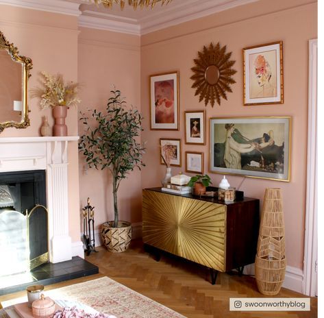 A saturated plastery pink. It's rich, but grounded. Pretty when combined with more relaxed pinks. Pink Moulding Wall, Dried Plaster Craig And Rose, Soft Pink Living Room Ideas, Plaster Pink Living Room, Pink Lounge Ideas Living Rooms, Setting Plaster Living Room, Pink Wall Living Room, Soft Pink Living Room, Pink Walls Living Room