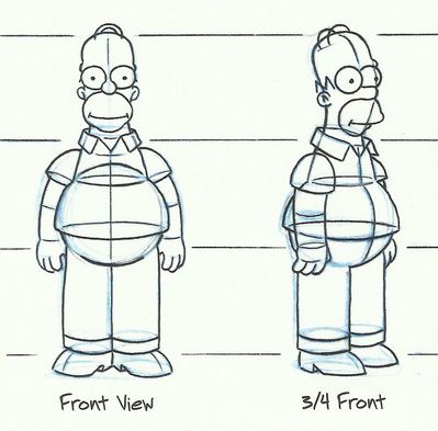 Here you can see another illustration extract, this time from the book 'the Simpsons Handbook, secret tips from the pros'. It shows a clear example of solid drawing from a contemporary animation. You can again see how in the 'front view' Homer looks very flat and cardboard-cut-out-like, whereas by placing him at a slight '3/4 front' angle this problem is then solved, and the illustration becomes once again more realistic and three dimensional. Cartoon Body Proportions, Solid Drawing Animation, Homer Simpson Drawing, Solid Drawing, 12 Principles Of Animation, Adventure Time Funny, Principles Of Animation, Simpsons Drawings, Cartoon Body