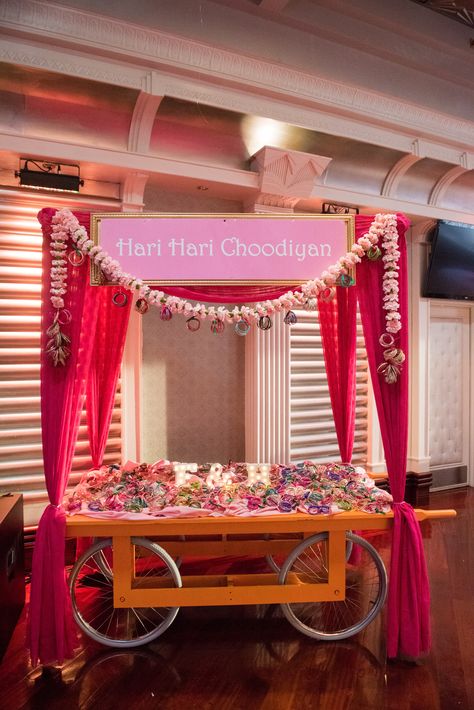 Bangle Cart at Indian Sangeet planned by Tara M Events Sangeet Favors, Mendhi Decor, Weddings Decorations Elegant Romantic, Bangle Ceremony, Mehendi Decor Ideas, Station Photo, Indian Wedding Favors, Marriage Decoration, Desi Wedding Decor