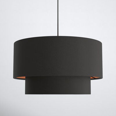 The Gracia collection has a modern and retro appeal. The hand-crafted black fabric hardback shade is set off by the silky orange fabric on the inside creating an intriguing effect. The three-light double drum shade adds character to this handsomely styled pendant. Perfect fit for the living room, dining room, kitchen, and bedroom. This sleek design is shown in a black finish. | Joss & Main Gracia 3 - Light Drum Chandelier Metal in Black / Orange | Wayfair Black Drum Shade Chandelier, Black Drum Light, Black Light Fixtures Bedroom, Drum Chandelier Dining Room, Pendant Chandelier Dining Room, Osbourne House, Contemporary Kitchen Lighting, Cabin Lights, Contemporary Lodge