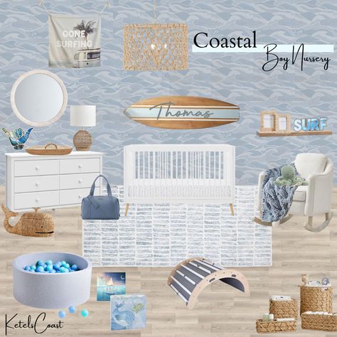 Beach Themed Nursery Boy, Coastal Boy Nursery, Coastal Nursery Boy, Surfer Nursery, Nursery Coastal, Beach Theme Nursery, Pottery Barn Nursery, Boy Nursery Design, Decor Surfboard