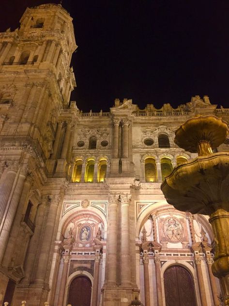 A view of the Our Lady of Incarnation Cathedral in Malaga at night Malaga Cathedral, Dream Trip, Our Lady, Malaga, Travel Dreams, At Night, Taj Mahal, Louvre, Architecture