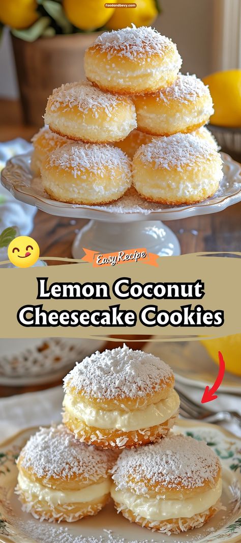 Bite into the tropical taste of Lemon Coconut Cheesecake Cookies, where zesty lemon and sweet coconut combine with a cheesecake-flavored dough to create soft, chewy cookies. These cookies are a delightful treat for anyone who loves a citrusy, tropical twist in their sweets. #CheesecakeCookies #LemonCoconut #CookieTime Lemon Coconut Cheesecake Cookies, Lemon Coconut Cheesecake, Coconut Dessert Recipes, Coconut Recipes Dessert, Soft Chewy Cookies, Coconut Cookie, Coconut Dessert, Lemon Cookies Recipes, Coconut Cheesecake