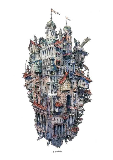 Flying City on Behance Flying City, Wiesbaden Germany, Castle Painting, Drawing Table, City Drawing, City Illustration, Fantasy City, Fantasy Castle, Architecture Illustration