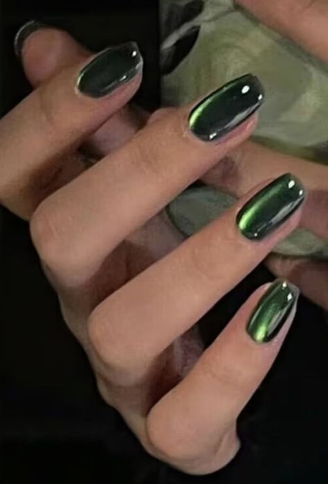 CcstrStudio, Emerald Green Cat Eye Nail Art Press On Nails Nails Music Festival, Emerald Green Nail Art Designs, Oval Nail Extensions, Black Nails Green Glitter, Green Fall Manicure, Dark Green Holographic Nails, Mail Inspo Dark Green, Nails Dark Feminine Energy, Magnetic Green Nails