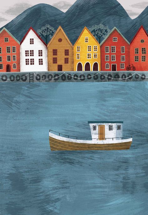 Corinne Melanie, Boat Illustration, Colorful Houses, Bergen Norway, Norway Travel, Travel Illustration, Fishing Villages, Coastal Towns, Book Illustration