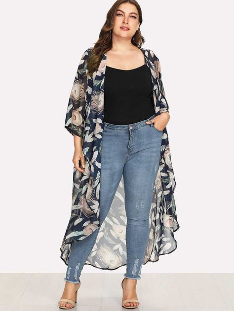 To find out about the Plus Floral Print Open Front Kimono at SHEIN, part of our latest Plus Size Kimonos ready to shop online today! Dark Feminine Fashion, Long Kimono Cardigan, Midsize Summer, Big Size Fashion, Plus Size Summer Fashion, Kimono Outfit, Mode Kimono, Plus Size Kimono, Plus Size Summer Outfit