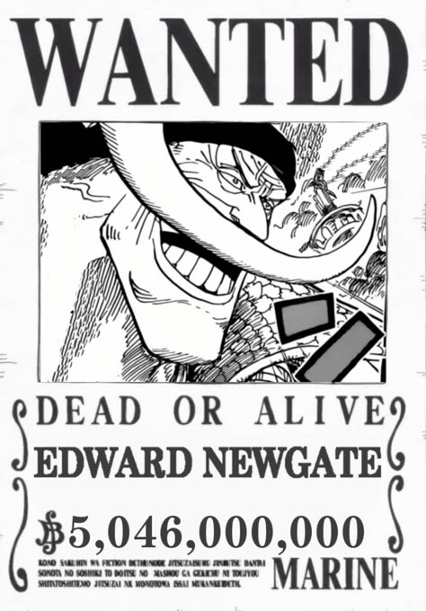 Edward Newgate Wanted Poster, One Piece Wanted Posters Black And White, White Beard One Piece Manga, Rocks Pirates, Barba Blanca One Piece, Whitebeard One Piece, Barba Branca One Piece, One Piece Whitebeard, Strongest Man In The World