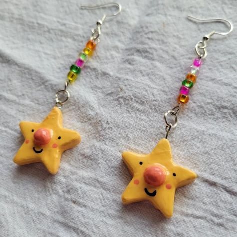 Clay earrings polymer clay handmade Polymer Clay Earrings Funky, Star Clay Earrings, Fun Ideas, Paper Ring, Tanah Liat, Clay Diy Projects, Funky Earrings, Cute Polymer Clay, Cute Clay