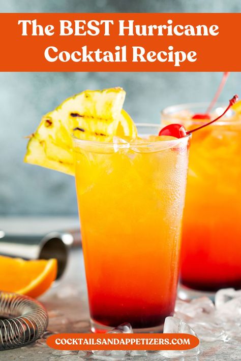 This Hurricane cocktail is like the New Orleans version. Loaded with various fruit juices and flavors, this ice-cold cocktail is ideal for sipping during the warmer months. A great mixed cocktail perfect for Super Bowl party drinks, spring cocktails and serving as summer alcoholic drinks. Orange Juice Grenadine Cocktail, Pineapple Juice Alcoholic Drink, Alcoholic Pineapple Drinks, Simple Rum Drinks, Party Mixed Drinks, Fruity Drinks With Alcohol, Super Bowl Party Drinks, Summer Alcoholic Drinks, Drinks With Alcohol