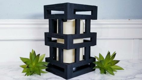 Grab some Dollar Tree "jenga" style blocks to create this modern lantern decor piece! ❤ | By She So CraftDee Jenga Block Candle Holder, Jenga Block Lantern Diy, Modern Lantern Decor, Solar Light Diy, Diy Jenga, Modern Lantern, Solar Lights Diy, Lantern Decor, Jenga Blocks