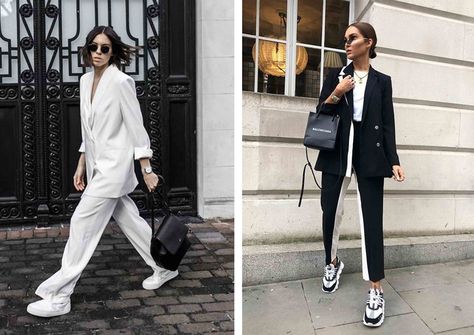 Women Suits and Sneaker Trend - FashionActivation Classy Christmas Dresses, Look Working Girl, Suits And Sneakers, Street Style Outfits Casual, Woman Suit, Sneaker Trend, Work Outfits Women Summer, Classy Winter Outfits, Women Suits