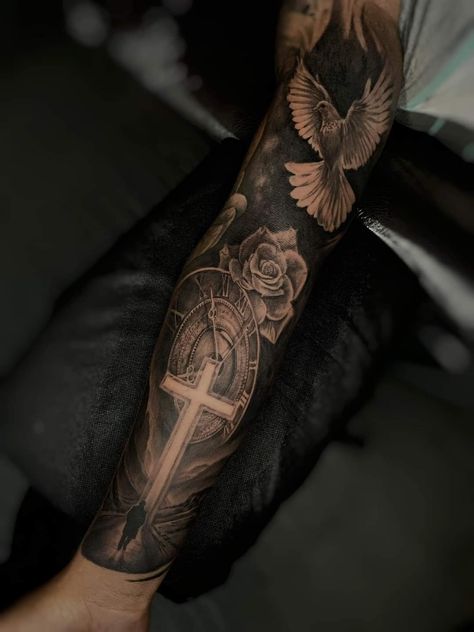 Greek God Forearm Tattoo Men, Christian Full Sleeve Tattoo, Religious Forearm Tattoo, Christian Tattoos For Men Arm, Arm Sleeve Tattoo Men, Full Arm Sleeve Tattoo Men, Sleeve Tattoos Mens Arm, Jesus Forearm Tattoo, Sleeve Tattoo Men