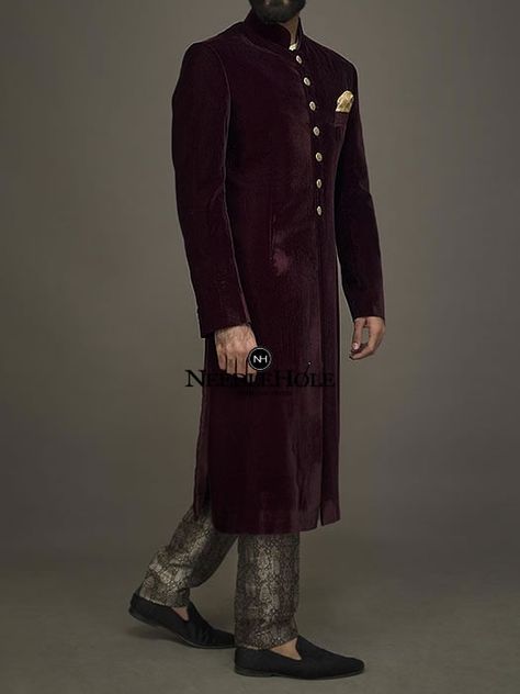 Plain dark brown sherwani for men with golden buttons in velvet fabric https://needlehole.com/fahad-hussayn-plain-dark-brown-sherwani-for-men-with-golden-buttons-in-velvet-fabric/ Brown Sherwani For Men, Green Sherwani For Men, Pakistani Engagement Dresses, Indian Formal Dresses, Anarkali Dress Indian, Green Sherwani, Mehendi Dresses, Mayon Dresses, Groom Sherwani