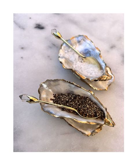 Oyster Salt And Pepper, Unique Wedding Table Settings, Oyster Shell Decor, Coastal Picnic, Oyster Dishes, Oyster Design, Pepper Dishes, Shell Artwork, Salt Gifts