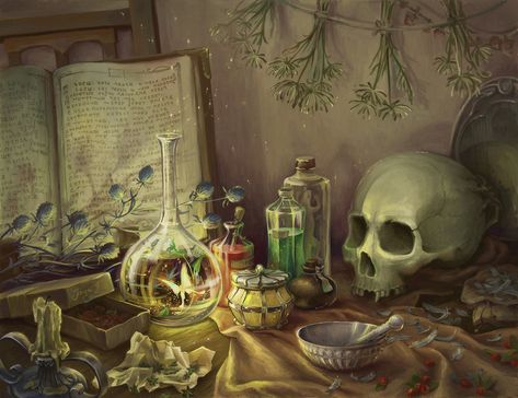 Props Illustration, Background Fantasy, Labs Art, Alchemy Art, Traditional Witchcraft, Environment Concept Art, Samhain, Art Background, Alchemy