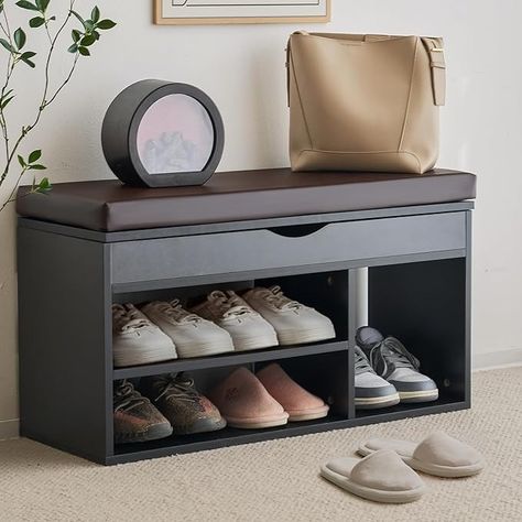 Amazon.com: Apicizon Entryway Bench with Shoe Storage, Black, 2-Tier Shoe Rack, Padded Cushion, Wooden Frame : Home & Kitchen Shoe Storage Bench, Shoe Rack Organization, Entryway Storage, Shoe Bench, Bench With Shoe Storage, Leather Cushion, Wooden Bench, Entryway Furniture, Bench With Storage