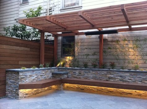 Mid Century Backyard, Pergola Lattice, San Francisco Victorian, New Patio Ideas, Brick Planter, Planter Bench, Backyard Shade, Contemporary Patio, Modern Pergola