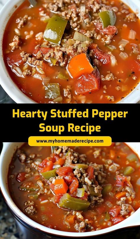 This Hearty Stuffed Pepper Soup is comforting and flavorful! Packed with ground meat, rice, and peppers, it’s a delicious one-pot meal perfect for chilly evenings. Rice And Peppers, Peppers And Rice, Stuffed Pepper Soup Recipe, Hearty Chicken Soup, Pepper Soup Recipe, Bell Pepper Soup, Keto Stuffed Peppers, Cooking With Ground Beef, Soup With Ground Beef