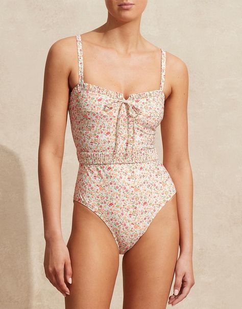 Textile Print, Decorative Bows, Cinched Waist, Textile Prints, Fashion Set, Womens Swimwear, David Jones, Gold Hardware, One Piece Swimsuit