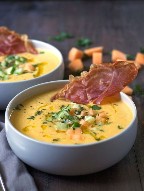 Cantaloupe Gazpacho with Crispy Prosciutto Cantaloupe Soup Summer, Cantaloupe Gazpacho, Melon Gazpacho, Cantaloupe Soup, Chilled Soups, Cantaloupe Recipes, Cold Soups, Melon Soup, Gazpacho Soup