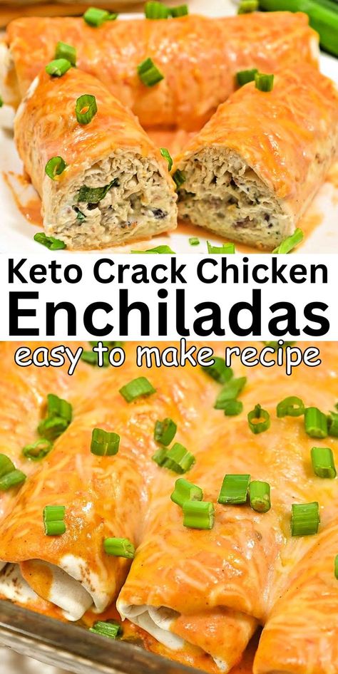 Keto Crack Chicken Enchiladas #ketocrackchickenenchiladas #crackchickenenchiladas Cracked Chicken Enchiladas, Cream Cheese And Chicken, Cream Cheese Enchiladas, Crockpot Chicken Enchiladas, Chicken Main Dish Recipes, Cheese Keto, Chicken Enchiladas Easy, Fresh Guacamole, Low Carb Casseroles