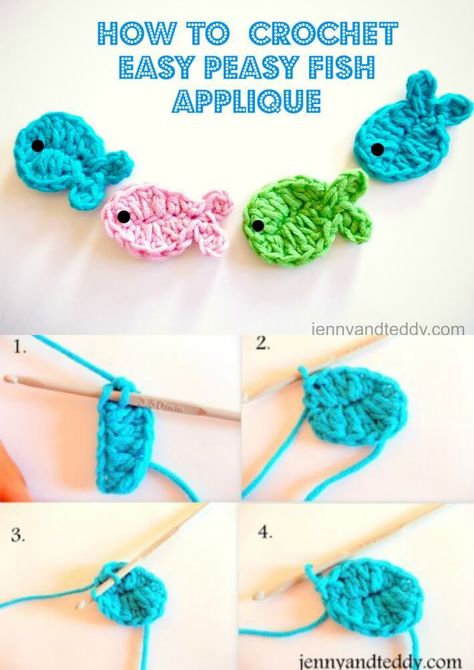 free crochet pattern fish applique by jennyandteddy Crochet Tiny Fish Free Pattern, Crochet Nautical Applique Free Pattern, Crochet Mini Fish, Mini Fish Crochet Pattern, Easy Crochet Applique Patterns Free, Crochet Fish Applique Pattern, Amigurumi Fish Free Pattern, Crochet Fish Applique, Nautical Crochet