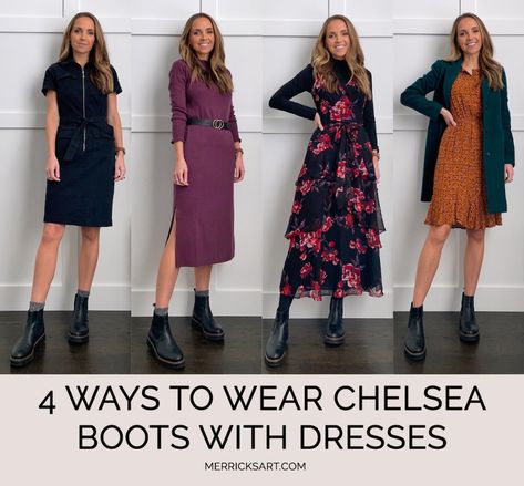 Dressing Up Chelsea Boots, Dresses And Chelsea Boots, Dresses And Flat Boots, Boots And Dresses Fall, Styling Chelsea Boots Women Work, Chelsea Boots With Long Skirt, Winter Boots Dress Outfit, Flat Boots Dress Outfit, Dresses With Chunky Boots