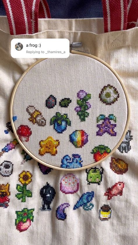 emilitsa ☻ | 🐸 what should i add next? • • • #stardew #stardewvalley #crossstitchersofinstagram #embroiderersofinstagram #embroidery #embroideryart... | Instagram Stardew Valley Drawings, Stardew Valley Cross Stitch Pattern Free, Stardew Valley Crafts, Stardew Valley Embroidery, Dnd Embroidery, Minecraft Embroidery, Pixel Embroidery, Cross Stitch On Clothes, Cross Stitch Tote Bag