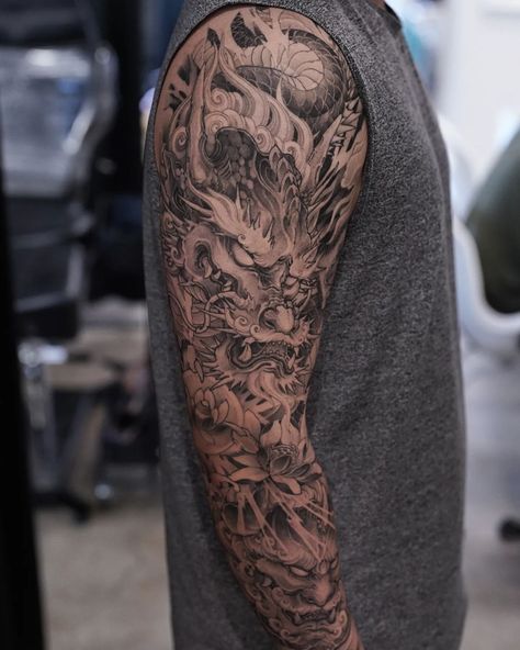 Arm Sleeve Tattoos Dragon, Dragon Tattoo Men Arm Japanese Sleeve, Full Arm Dragon Tattoo Japanese Sleeve, Asian Dragon Tattoo Arm, Chinese Arm Sleeve Tattoo, Half Sleeve Tattoos For Men Upper Arm Japanese, Dragon Full Arm Tattoo, Dragon Arm Tattoo For Men, Dragon Tattoo Sleeve For Men