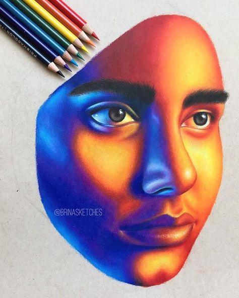 color pencil portrait Shading With Different Colours, Colour Pencil Portrait Faces, Realistic Art Colored Pencil, Coloured Portrait Drawing, Color Shading Drawing, Color Pencil Inspiration, Colorful Face Drawing, Pencil Drawing Couple, Portrait Drawing Color