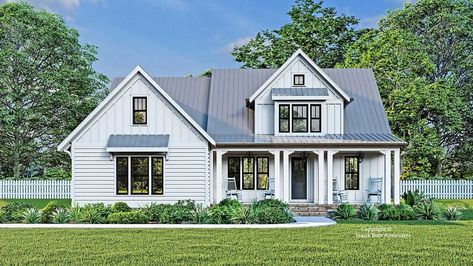 Modern-farmhouse House Plan - 4 Bedrooms, 2 Bath, 2436 Sq Ft Plan 85-1089 Farmhouse Cottage House Plans, Farmhouse Craftsman, White Siding, Standing Seam Metal Roof, Living Better, Country Modern, Farmhouse Style House Plans, Farmhouse House, Farmhouse Plan