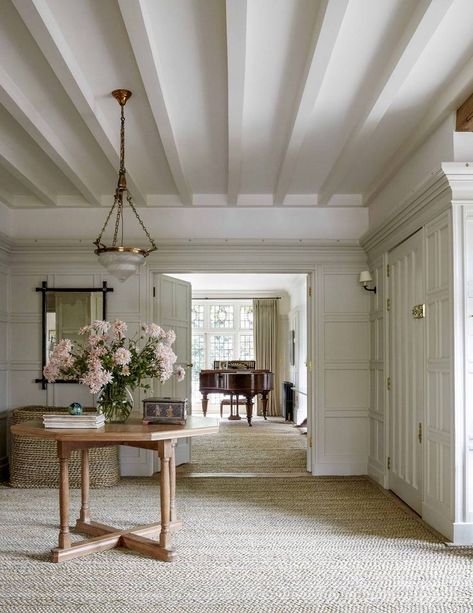 Entrance hall #hallway #interiordesignideas #interiorinspiration Arts And Crafts Interiors, Arts And Crafts House, White French, Ceiling Beams, French House, Entrance Hall, Drawing Room, Large Homes, Home Interior