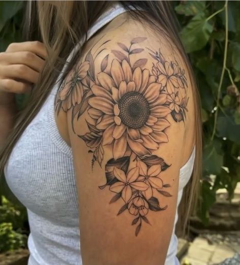 Tattoos Shoulder, Feminine Shoulder Tattoos, Tricep Tattoos, Shoulder Cap Tattoo, Shoulder Sleeve Tattoos, Sunflower Tattoo Sleeve, Sunflower Tattoo Shoulder, Floral Tattoo Shoulder, Tattoos Infinity