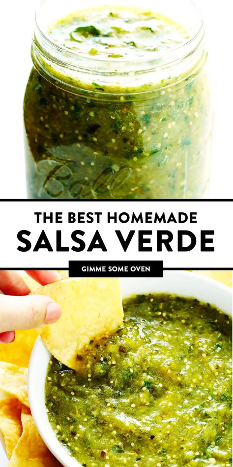 The BEST Salsa Verde recipe!! It's easy to make with roasted tomatillo, cilantro, onion, garlic, lime juice, and cumin...it only takes about 20 minutes to make...and it's the perfect appetizer with chips or accompaniment to your favorite Mexican food! | gimmesomeoven.com (Gluten-Free / Vegan / Vegetarian) Salsa Recipe Tomatillo, Cilantro Salsa Verde, Recipes That Use Tomatillos, Best Verde Salsa, Salsa Recipe Verde, Things To Make With Tomatillos, Tomatillo Recipes Vegan, Fresh Salsa Verde Recipe, Salsa Recipe With Tomatillos