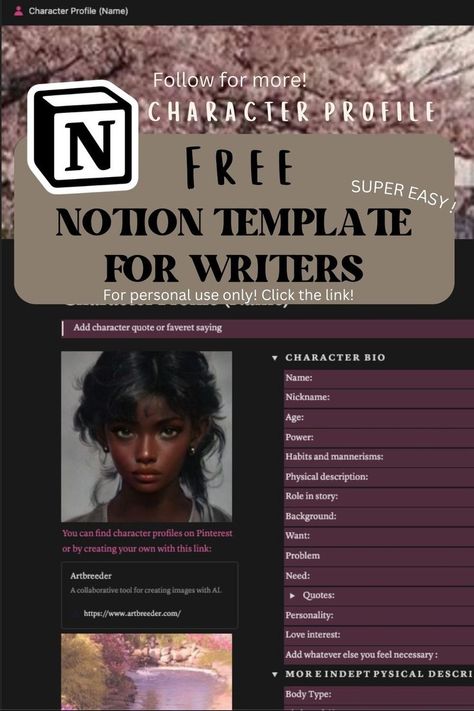 notion free templates for students Character Profile Notion, Character Profile Template Writing, Notion Character Template, Character Template Writing, Notion Character, Writing Notion, Character Bio Template, Character Profile Template, Template Character