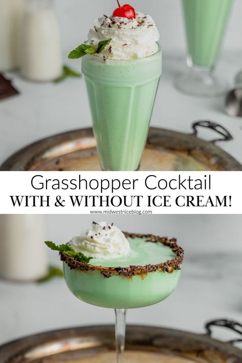 Grasshopper Drink Ice Cream, Baileys Vanilla Mint Shake Recipes, Alcoholic Ice Cream Drinks, Grasshopper Drink Recipe, Grasshopper Drink, Grasshopper Cocktail Recipes, Grasshopper Recipe, Grasshopper Cocktail, Alcoholic Ice Cream