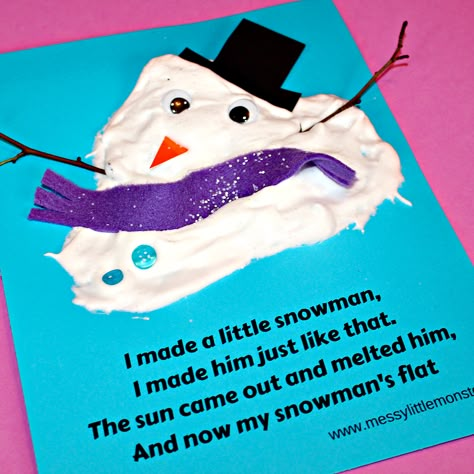 An easy melted snowman kids craft and printable poem using a simple puffy paint recipe that uses shaving foam and glue. A fun snow or winter art or literacy project for toddlers and preschoolers as well as older kids. January Crafts For Kids Toddlers, Themes For January Preschool, Prek Snowman Crafts, Snowman Craft Ideas For Kids, Melted Snowman Activity, Snowman Process Art Preschool, Christmas Puffy Paint, Crafts For January For Kids, January Crafts For Preschoolers