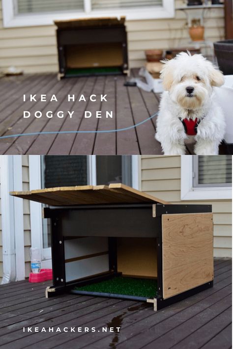 Doggy den from old IKEA desk, Pup approves!. A cute compact dog house made from an old IKEA LAIVA desk and hardwood floorboards. Dog Space Under Desk, Dog Bed Under Desk, Dog Beds Under Desk, Ikea Dog Bed Hack, Ikea Hack Dog Bed, Ikea Laiva, Ikea Hacks For Cats, Painting Ikea Furniture, Dog Den