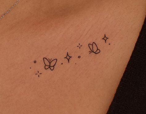 Butterfly With Stars Tattoo Design, Stars Butterfly Tattoo, Stars And Butterfly Tattoos, Small Butterfly Tattoo On Wrist Simple, Butterfly And Sparkle Tattoo, Butterfly Sparkle Tattoo, Butterfly With Sparkles Tattoo, Stick And Poke Butterfly, Butterfly Star Tattoo